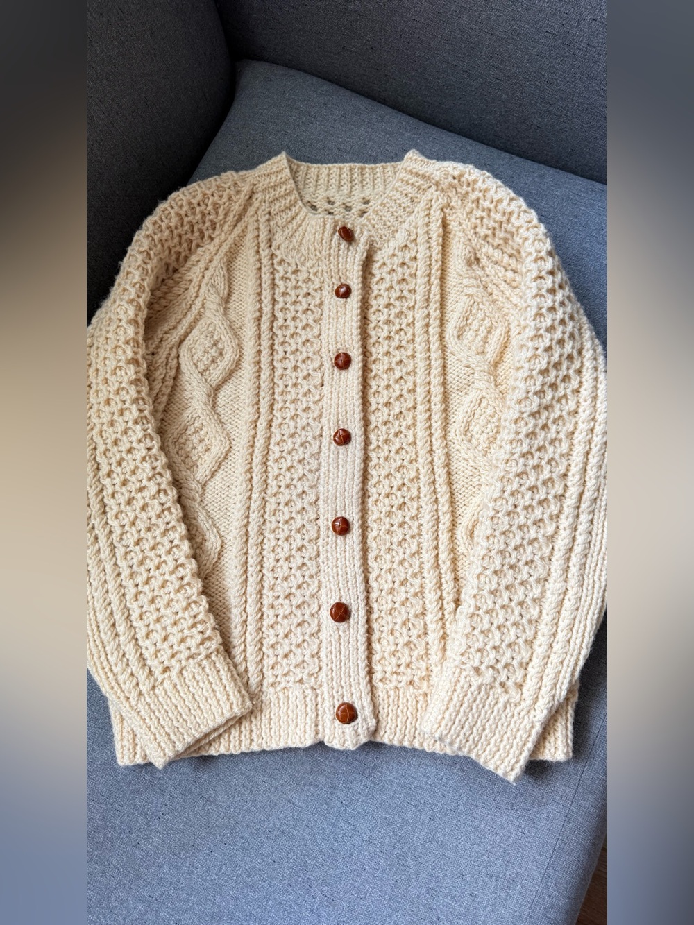 Kids 10-12 Hand Knit Aran Cable Knit Cardigan Cream Chunky Fisherman Sweater